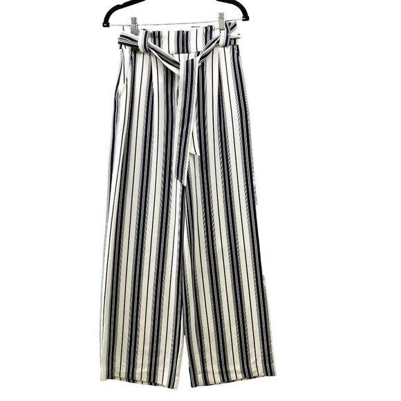 H&M Wide Leg Tie Waist Pants Womens Size 2 White Blue Stripe Beachy Culotte - Picture 1 of 9